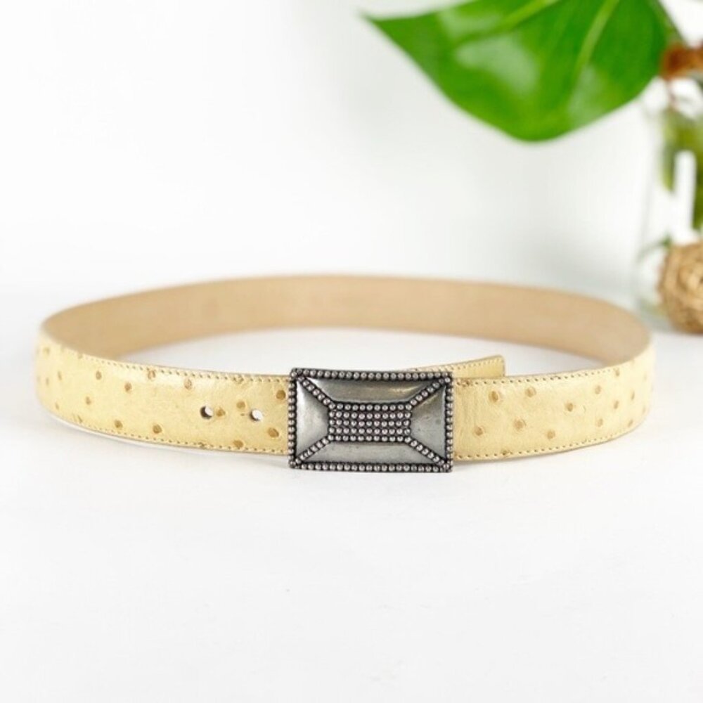 Escada‎ Womens Belt Size Small Tan Ostrich Full Quill Leather Rectangular Buckle